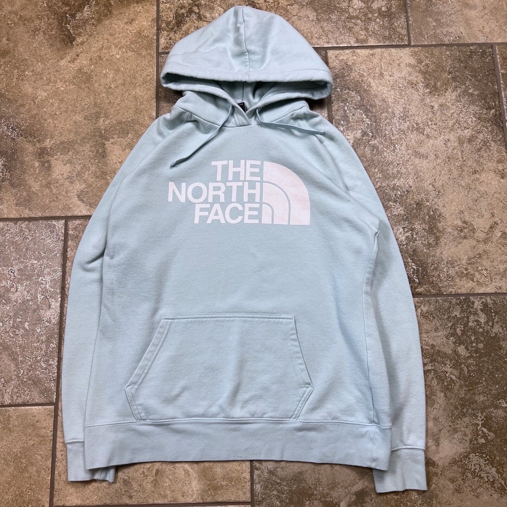 North Face Hoodie Sweatshirt Womes Large Denali Big Logo Graphic Mint Blue White